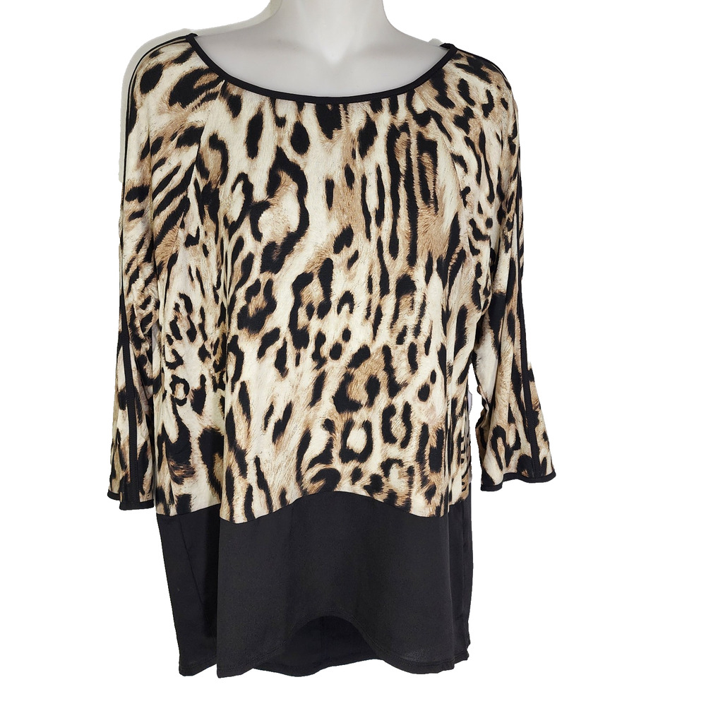 Chicos Leopard Chic Knit Tunic Top Medium Black Panel Hem 3/4 Sleeve Mixed Media